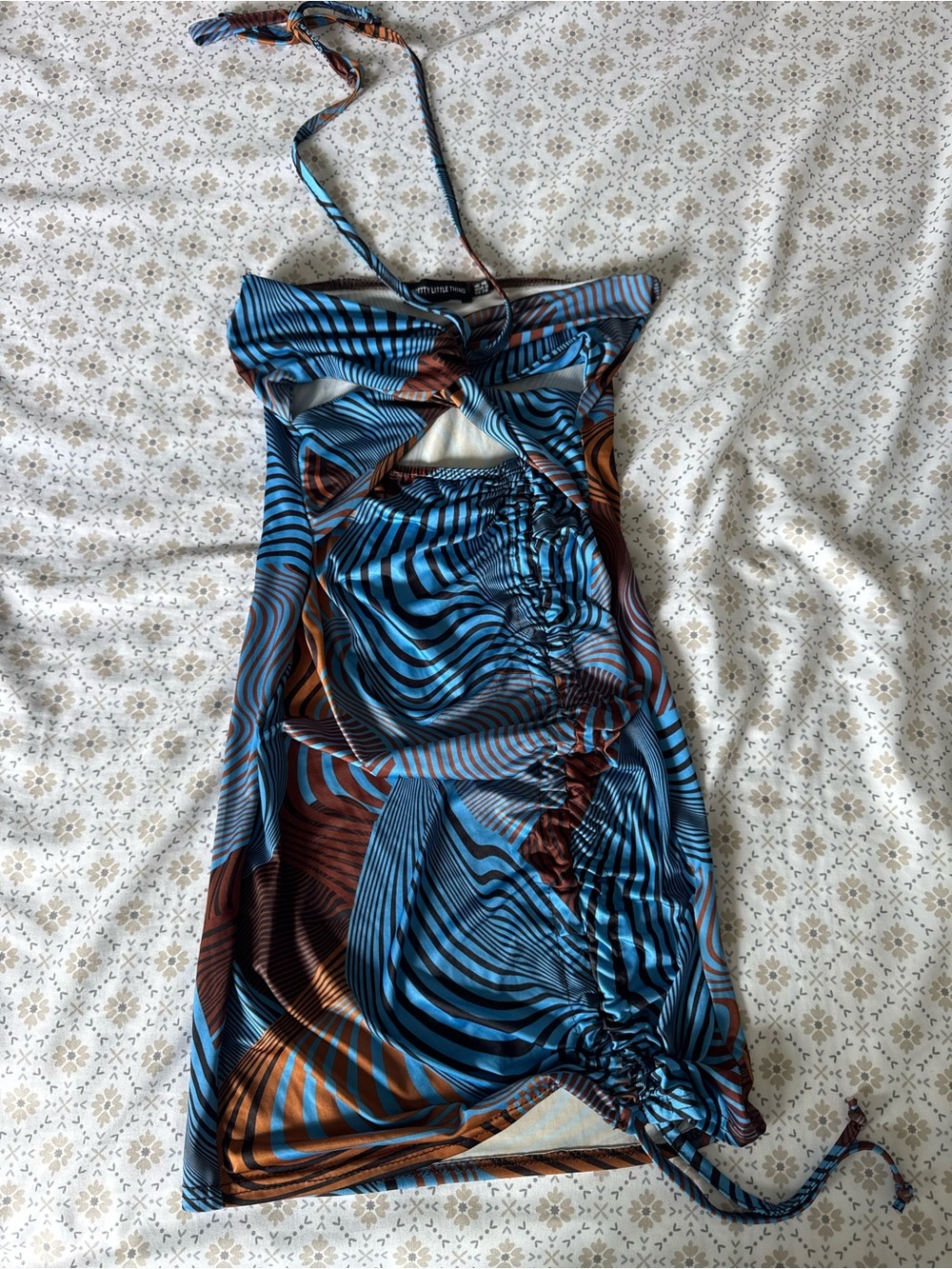 PrettyLittleThing Blue and Brown Striped Halter Dress